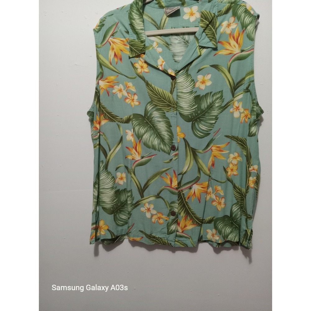 Aloha Hut Hawaii Womens 2X Tropical Floral Rayon Sleeveless Camp Shirt Green